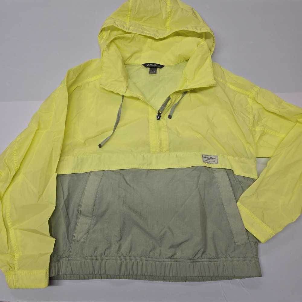 Eddie Bauer Women's Anorak Jacket Neon Yellow Gray Color Block Pullover Size‎ M